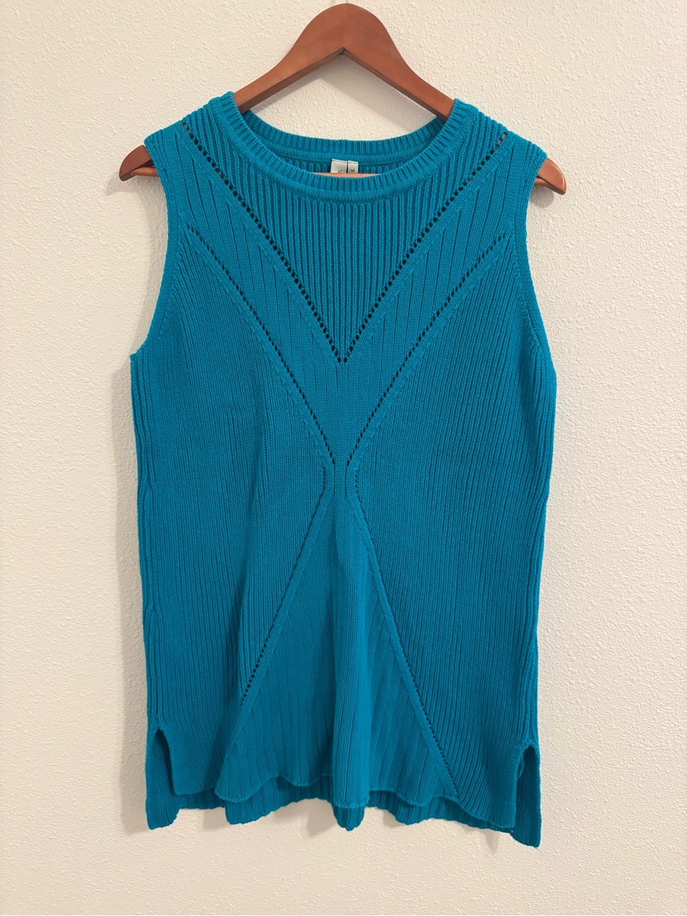 Sahalie 100% Cotton Teal Pointelle Knit Sleeveless Sweater Tank XL